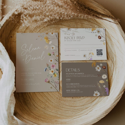 Boho Wedding Invitations, Wildflower Wedding invitation, Beige Wedding invitation set - LovelyTemplatesCo