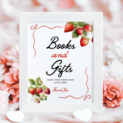 Books and Gifts Sign | Strawberry Baby Shower Sign - LovelyTemplatesCo