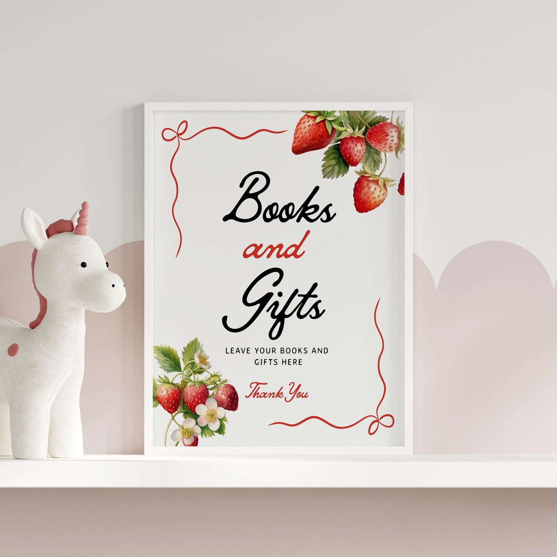 Books and Gifts Sign | Strawberry Baby Shower Sign - LovelyTemplatesCo