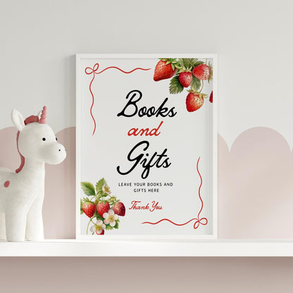 Books and Gifts Sign | Strawberry Baby Shower Sign - LovelyTemplatesCo