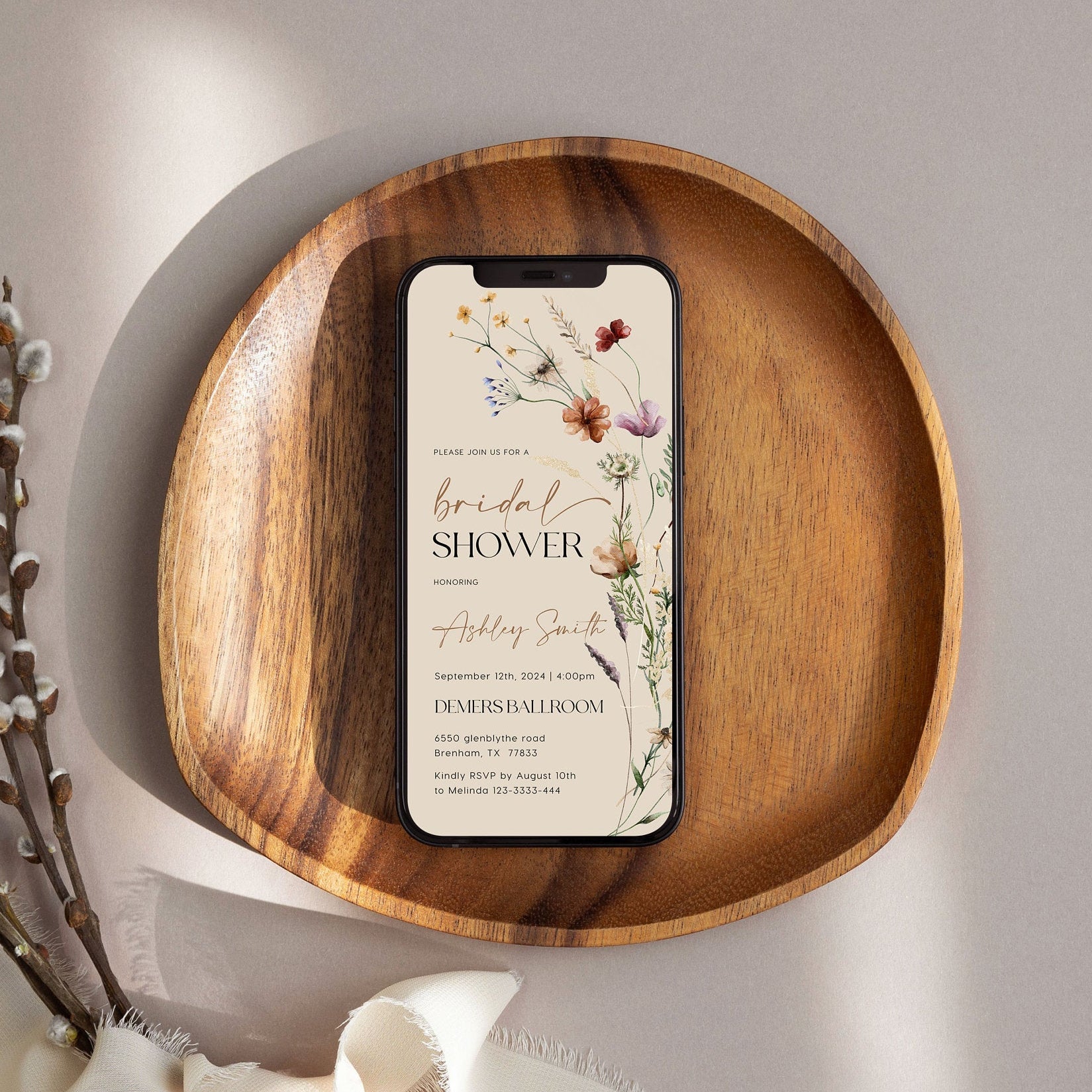 Bridal Shower Evite | Bridal shower invitation template | Beige and Floral Invitation - LovelyTemplatesCo