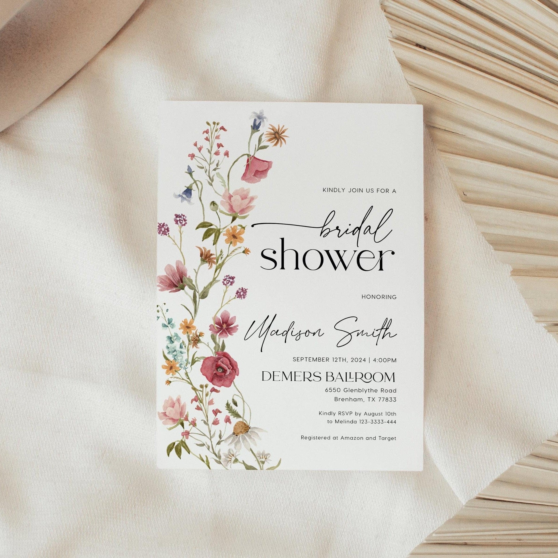 Bridal Shower Invitation with Spring and Summer Watercolor Wildflowers - LovelyTemplatesCo