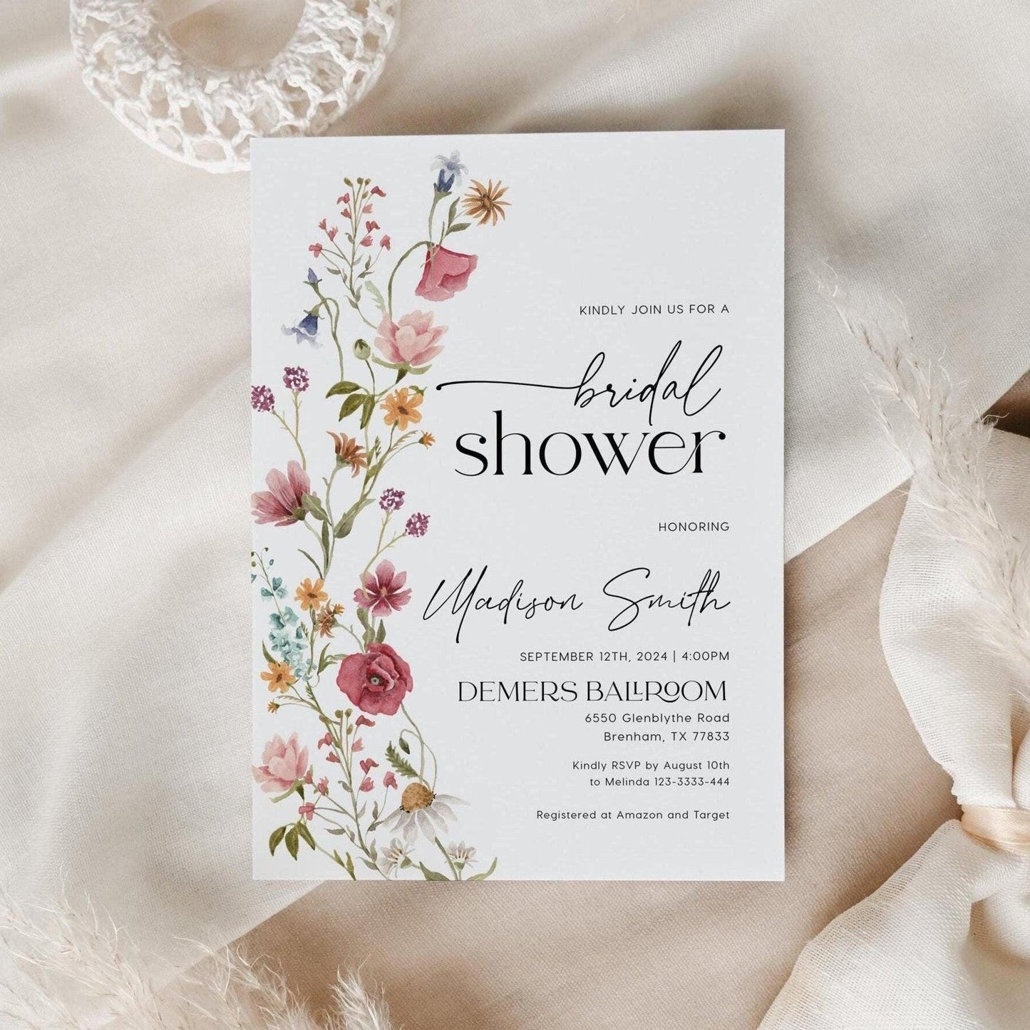 Bridal Shower Invitation with Spring and Summer Watercolor Wildflowers - LovelyTemplatesCo