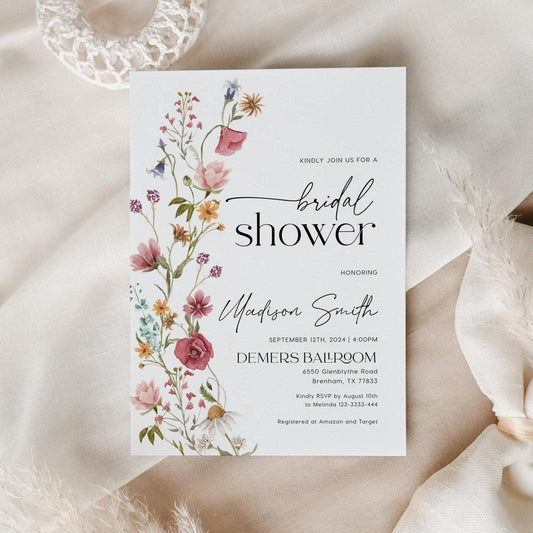 Bridal Shower Invitation with Spring and Summer Watercolor Wildflowers - LovelyTemplatesCo