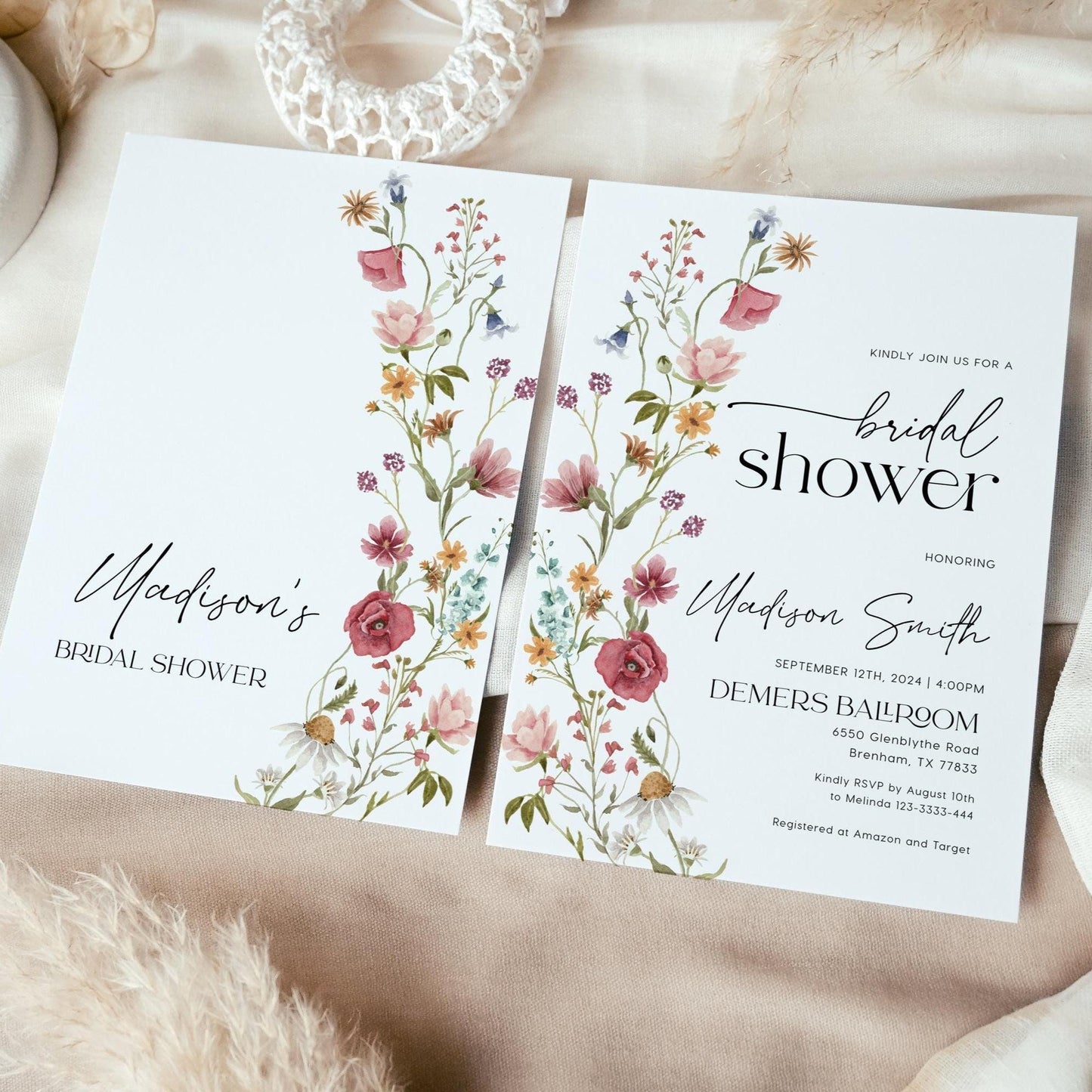 Bridal Shower Invitation with Spring and Summer Watercolor Wildflowers - LovelyTemplatesCo