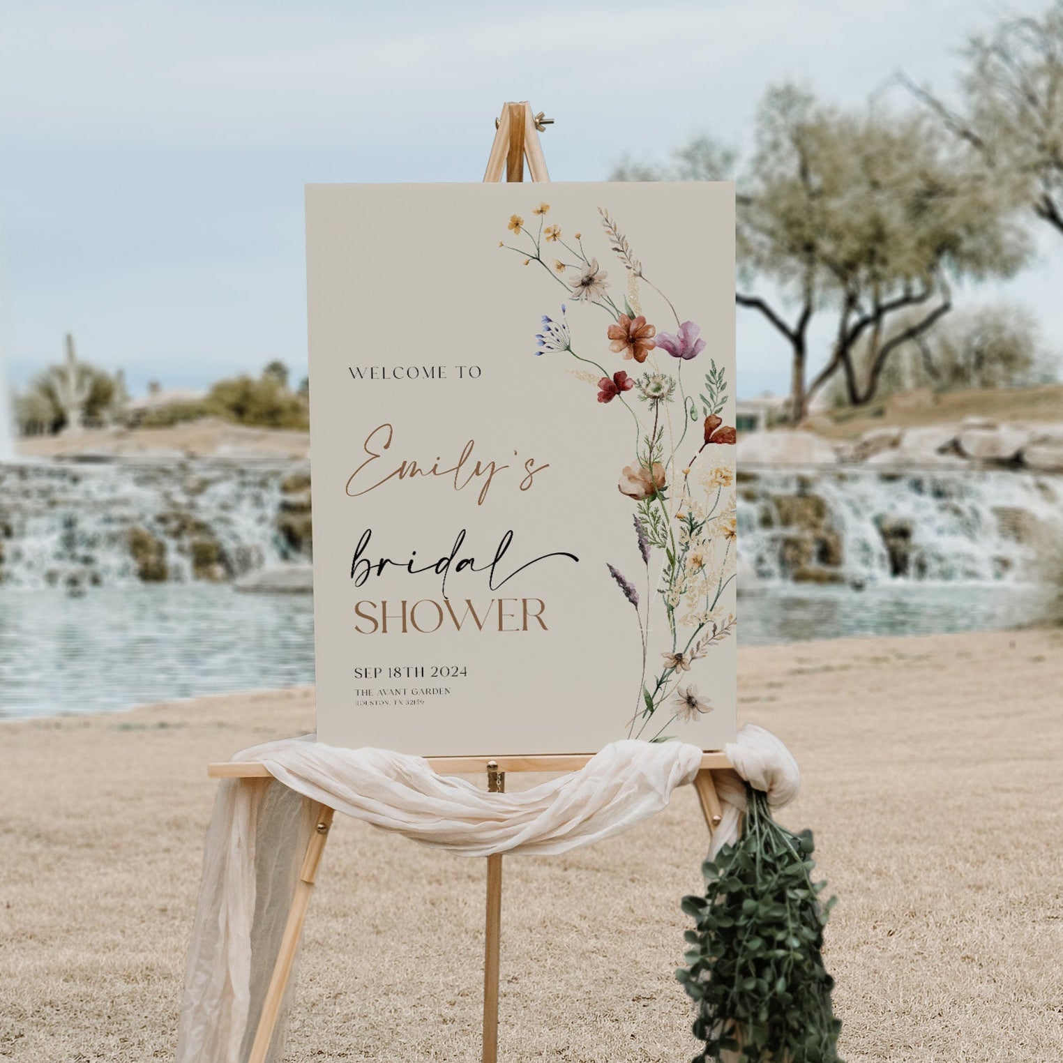 Bridal Shower Welcome sign | Welcome sign beige with wildflowers - LovelyTemplatesCo