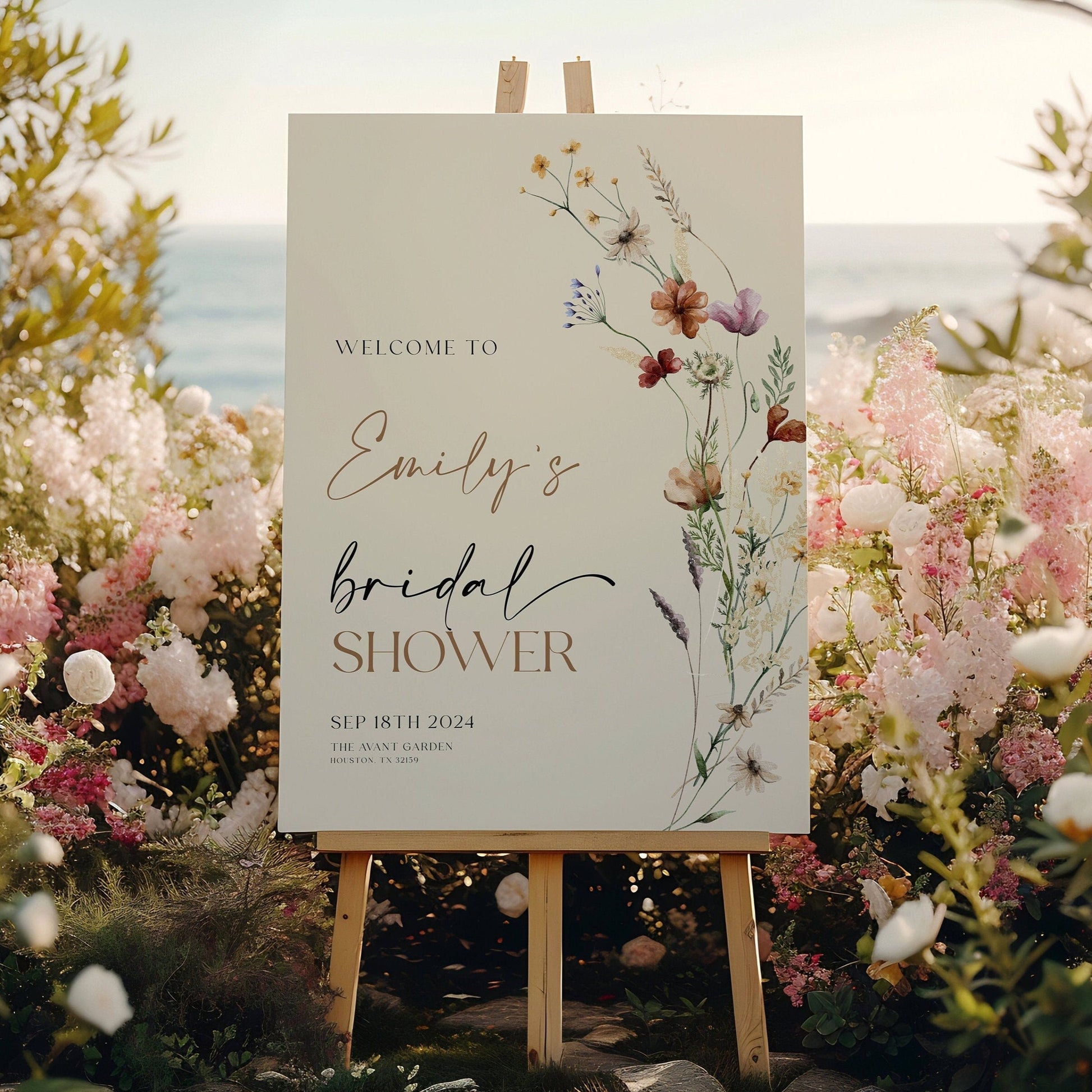 Bridal Shower Welcome sign | Welcome sign beige with wildflowers - LovelyTemplatesCo