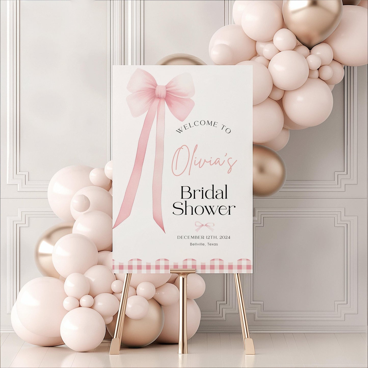 Bridal Shower Welcome Sign with Pink Bow, Pink Coquette Ribbon Bow - LovelyTemplatesCo