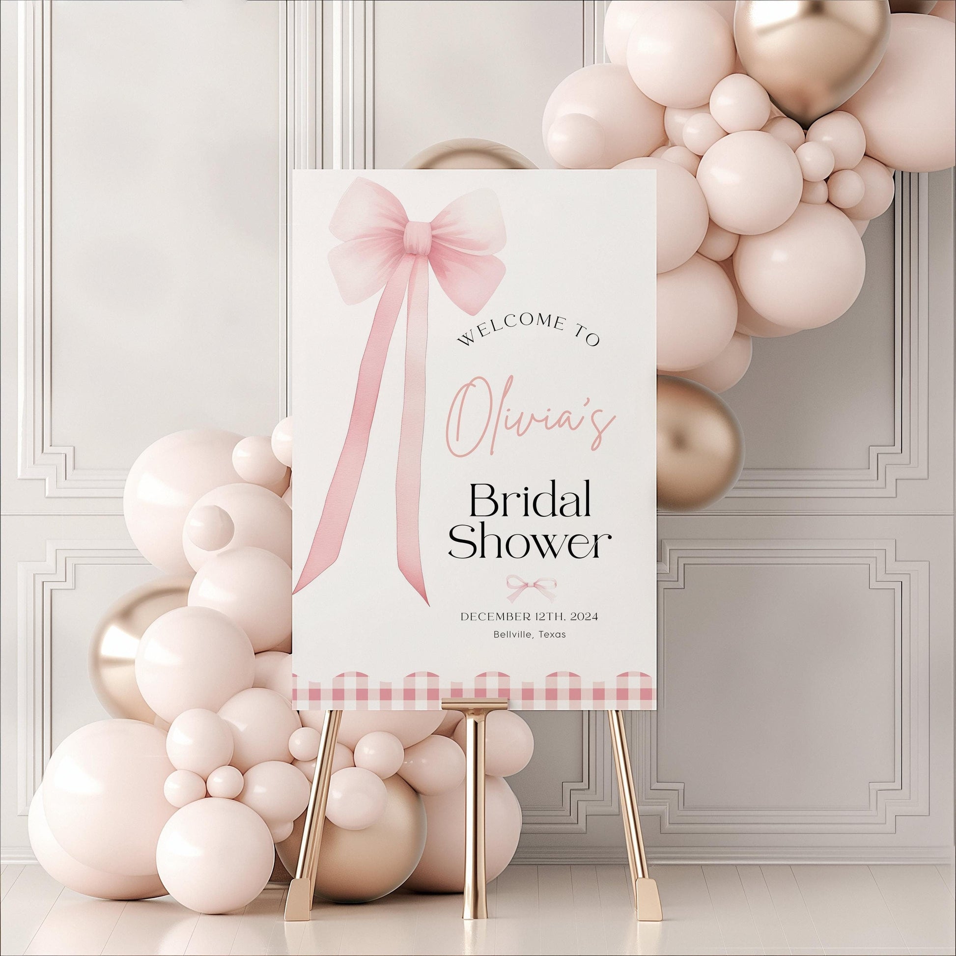 Bridal Shower Welcome Sign with Pink Bow, Pink Coquette Ribbon Bow - LovelyTemplatesCo