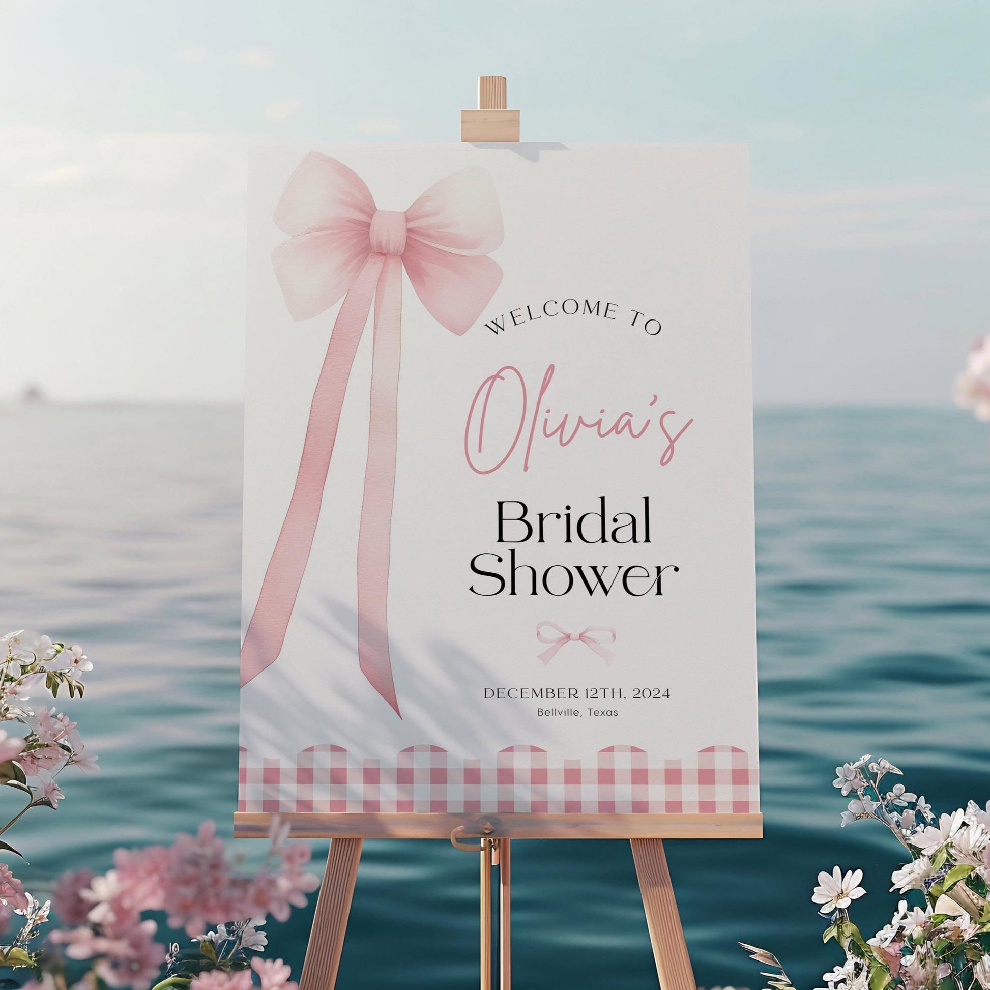 Bridal Shower Welcome Sign with Pink Bow, Pink Coquette Ribbon Bow - LovelyTemplatesCo