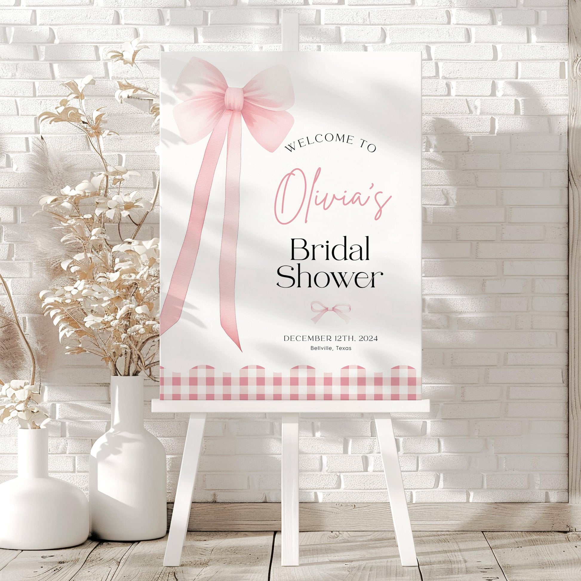 Bridal Shower Welcome Sign with Pink Bow, Pink Coquette Ribbon Bow - LovelyTemplatesCo