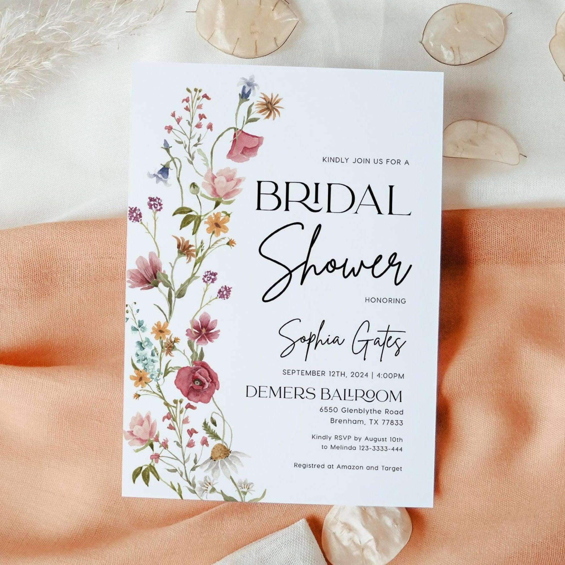 Colorful Bridal Shower Invitation with watercolor wildflowers - LovelyTemplatesCo