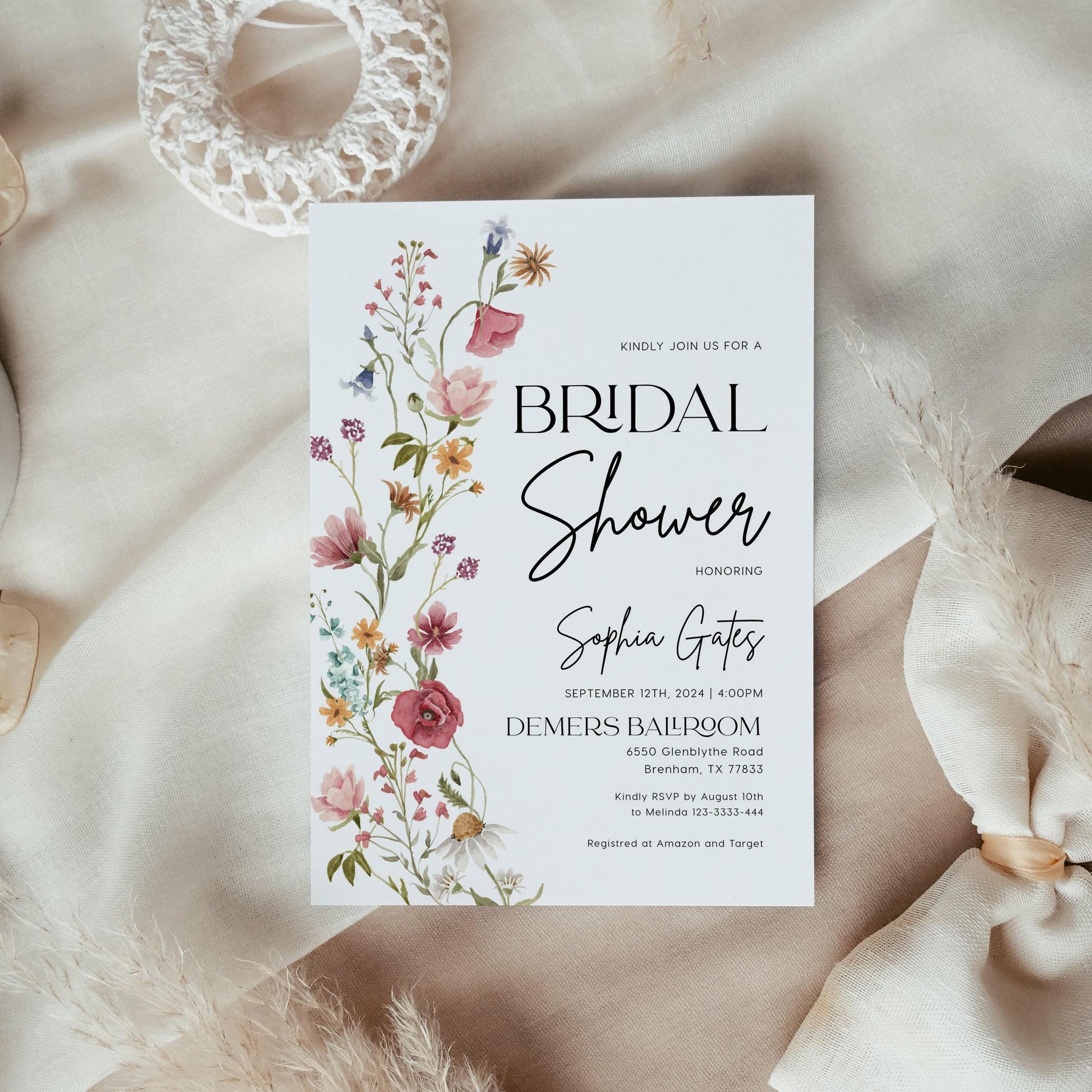 Colorful Bridal Shower Invitation with watercolor wildflowers - LovelyTemplatesCo