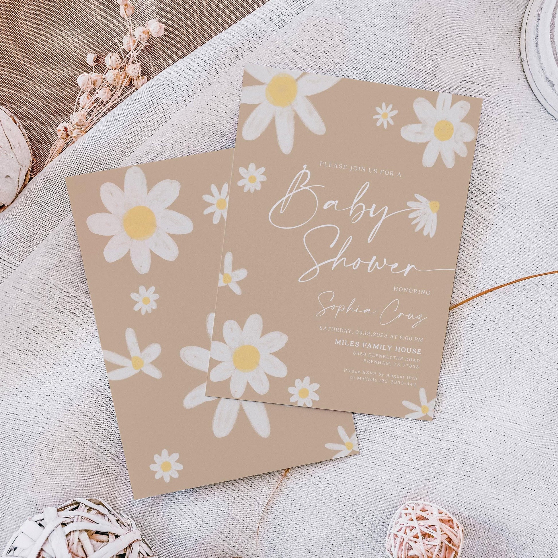 Daisy Baby Shower invitation | Neutral baby shower invitation template - LovelyTemplatesCo