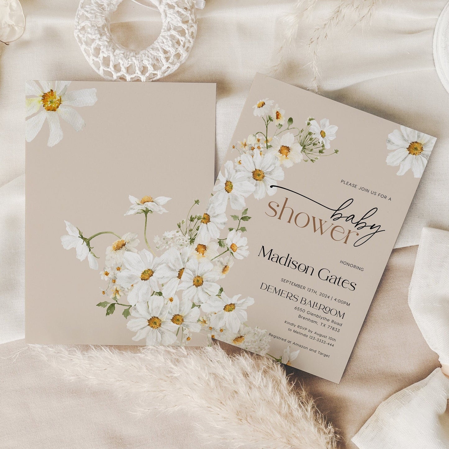 Daisy Floral Invitation, Beige Baby Shower Invitation - LovelyTemplatesCo