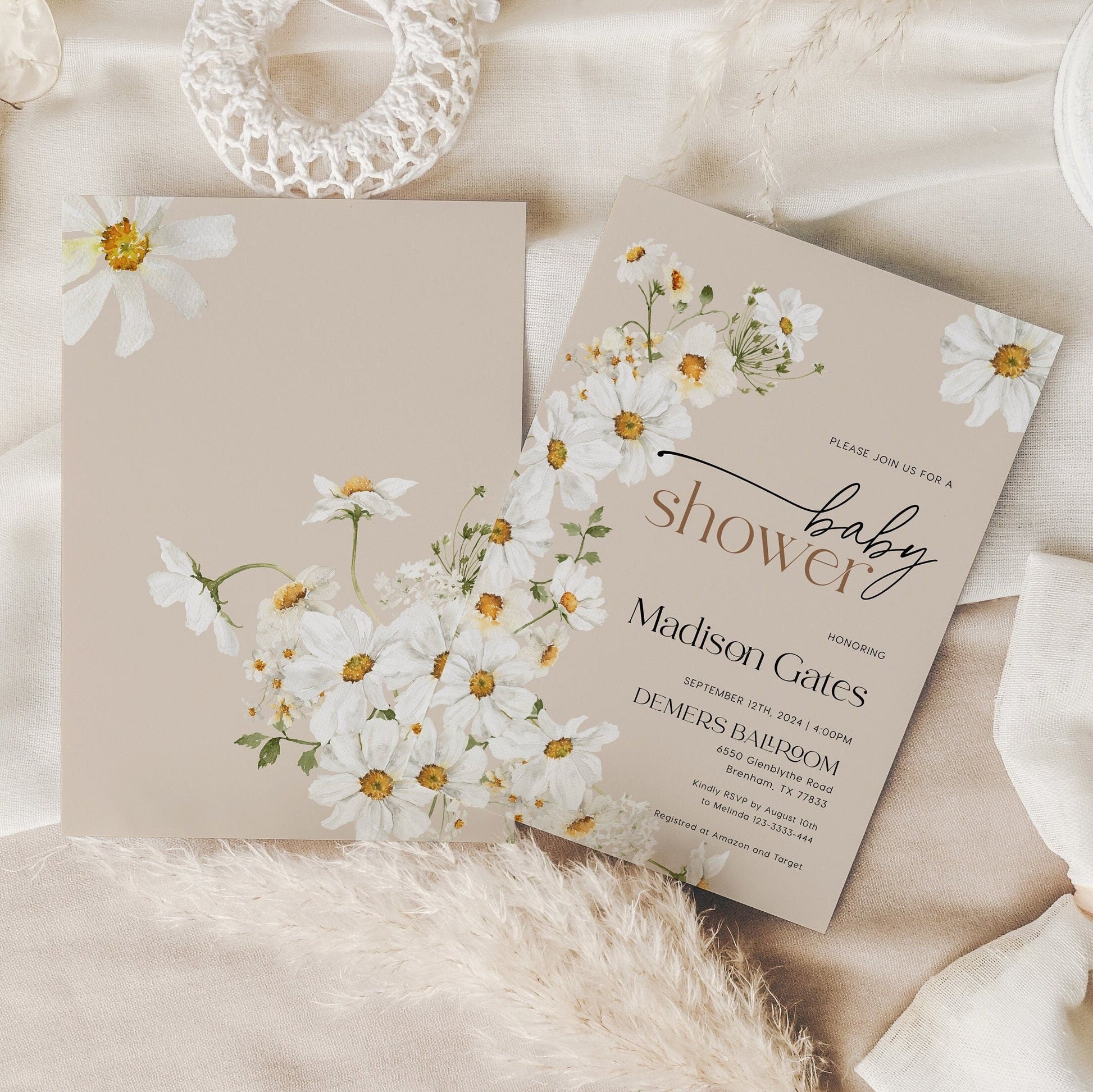Daisy Floral Invitation, Beige Baby Shower Invitation - LovelyTemplatesCo
