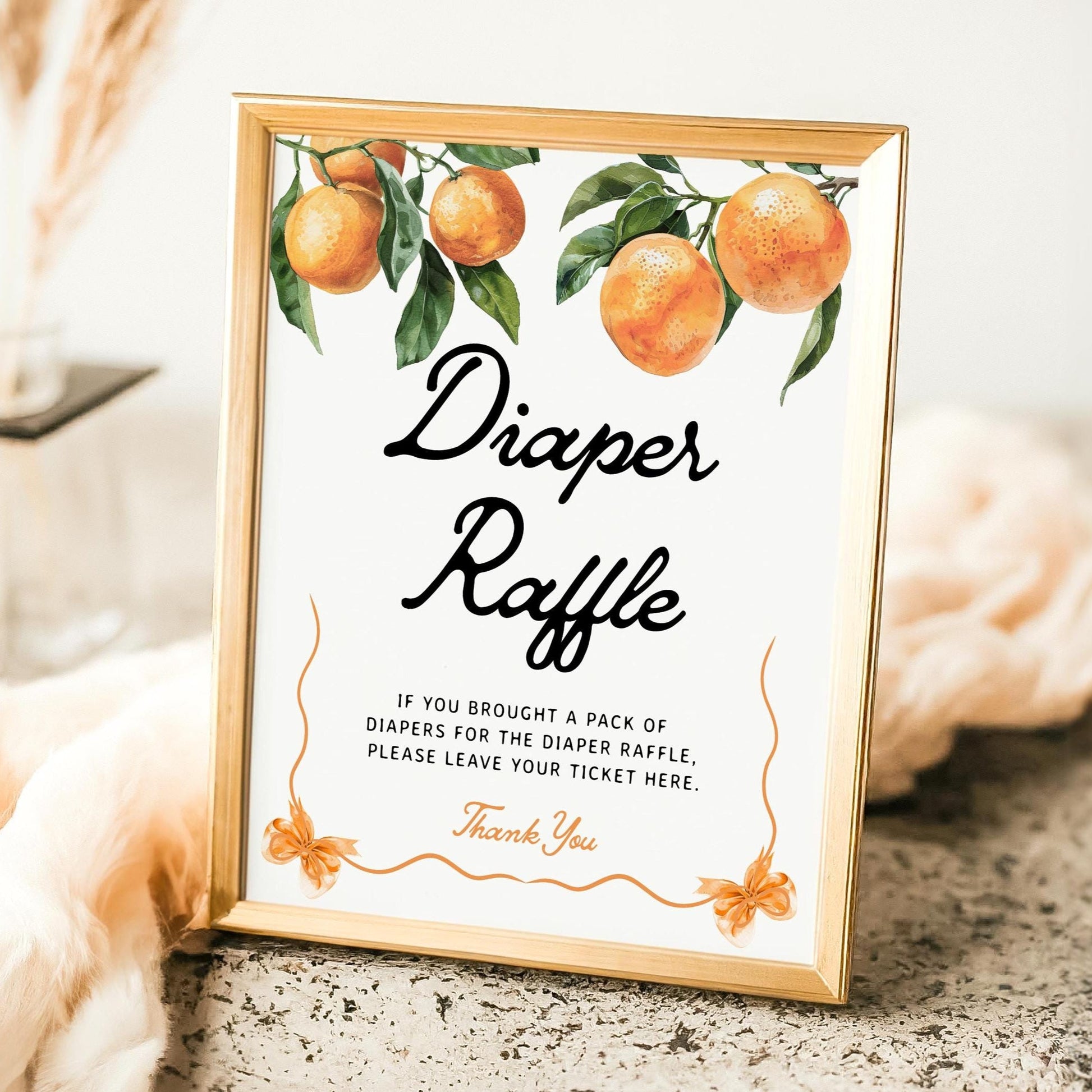 Diaper Raffle Sign | Little Cutie Orange Baby Shower Sign - LovelyTemplatesCo
