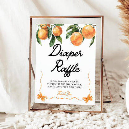 Diaper Raffle Sign | Little Cutie Orange Baby Shower Sign - LovelyTemplatesCo