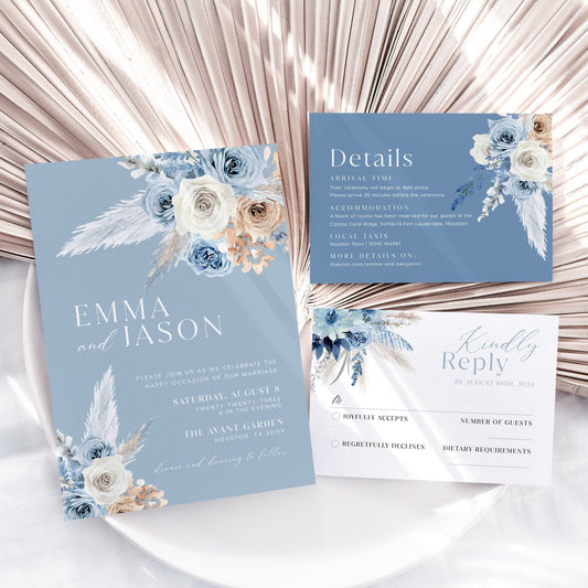 Dusty Blue Floral wedding invitation - LovelyTemplatesCo