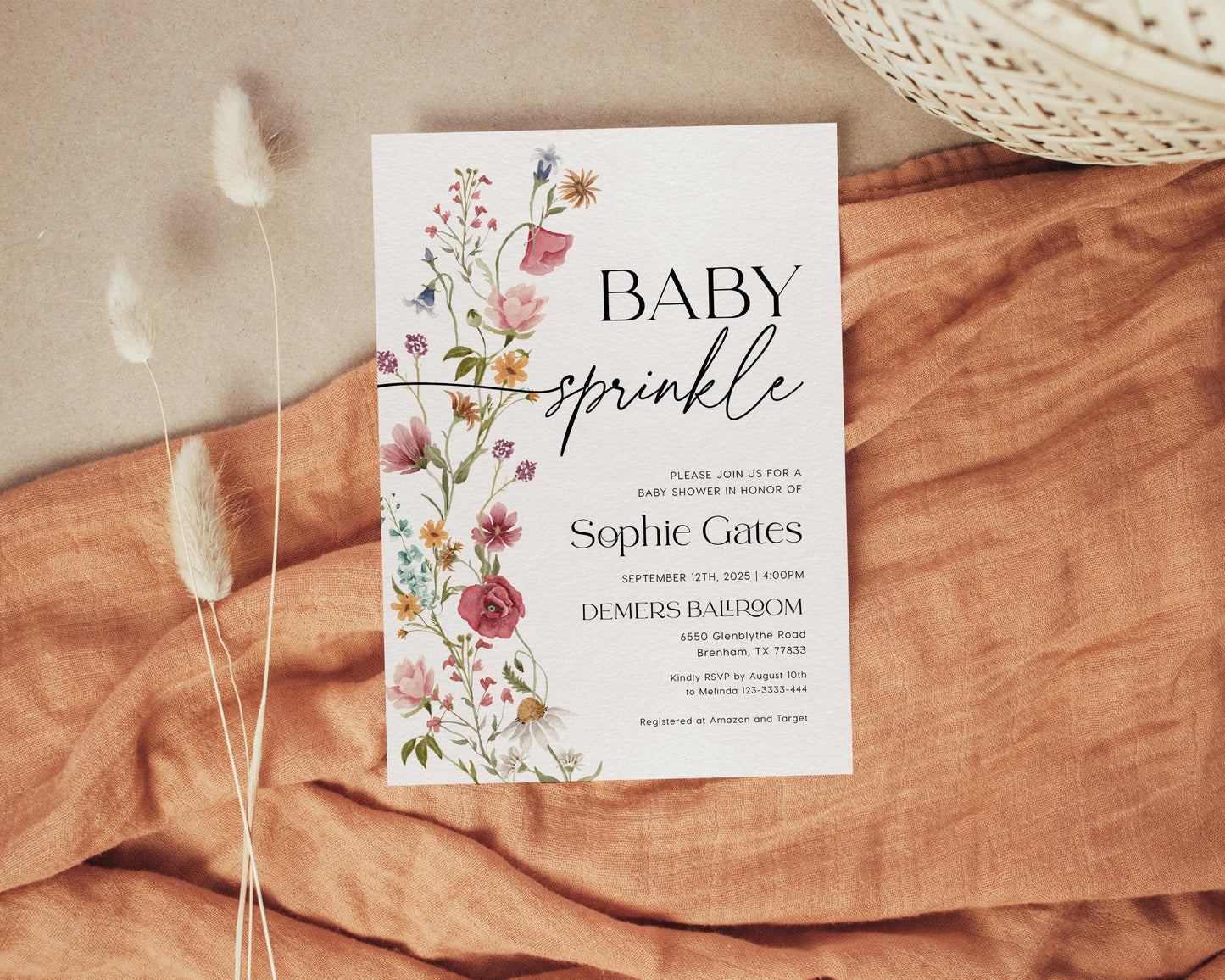 Elegant Boho Wildflower Baby Sprinkle Invitation - LovelyTemplatesCo