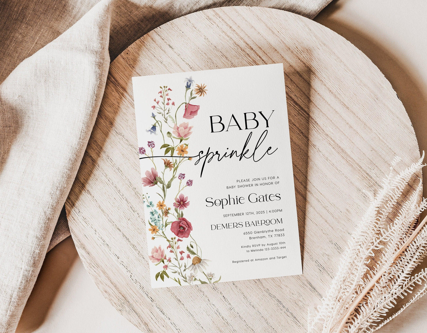 Elegant Boho Wildflower Baby Sprinkle Invitation - LovelyTemplatesCo