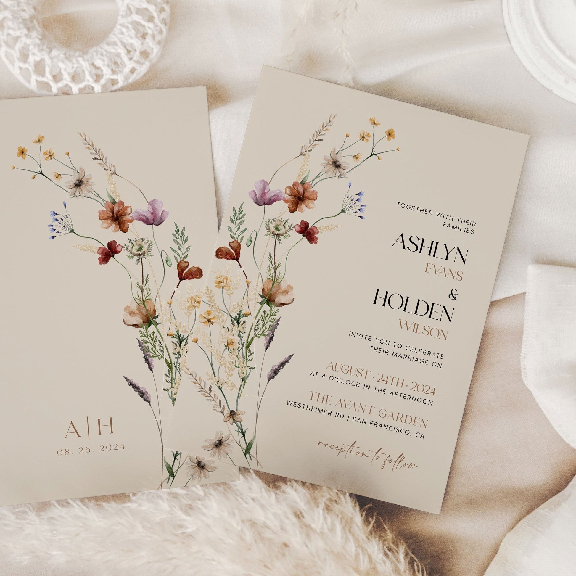 Elegant Floral Wedding Invitation, Beige Wedding Invitation Suite - LovelyTemplatesCo