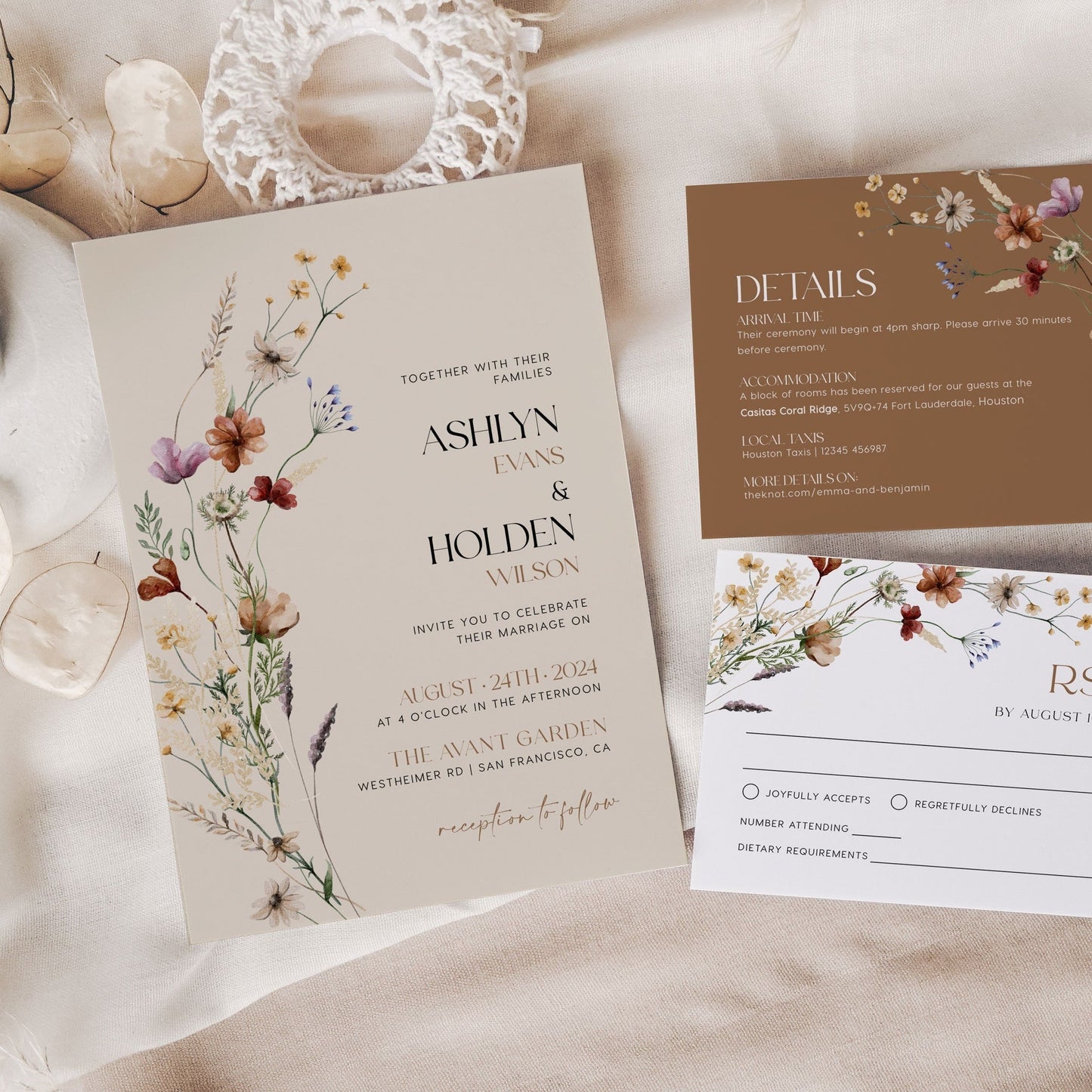 Elegant Floral Wedding Invitation, Beige Wedding Invitation Suite - LovelyTemplatesCo