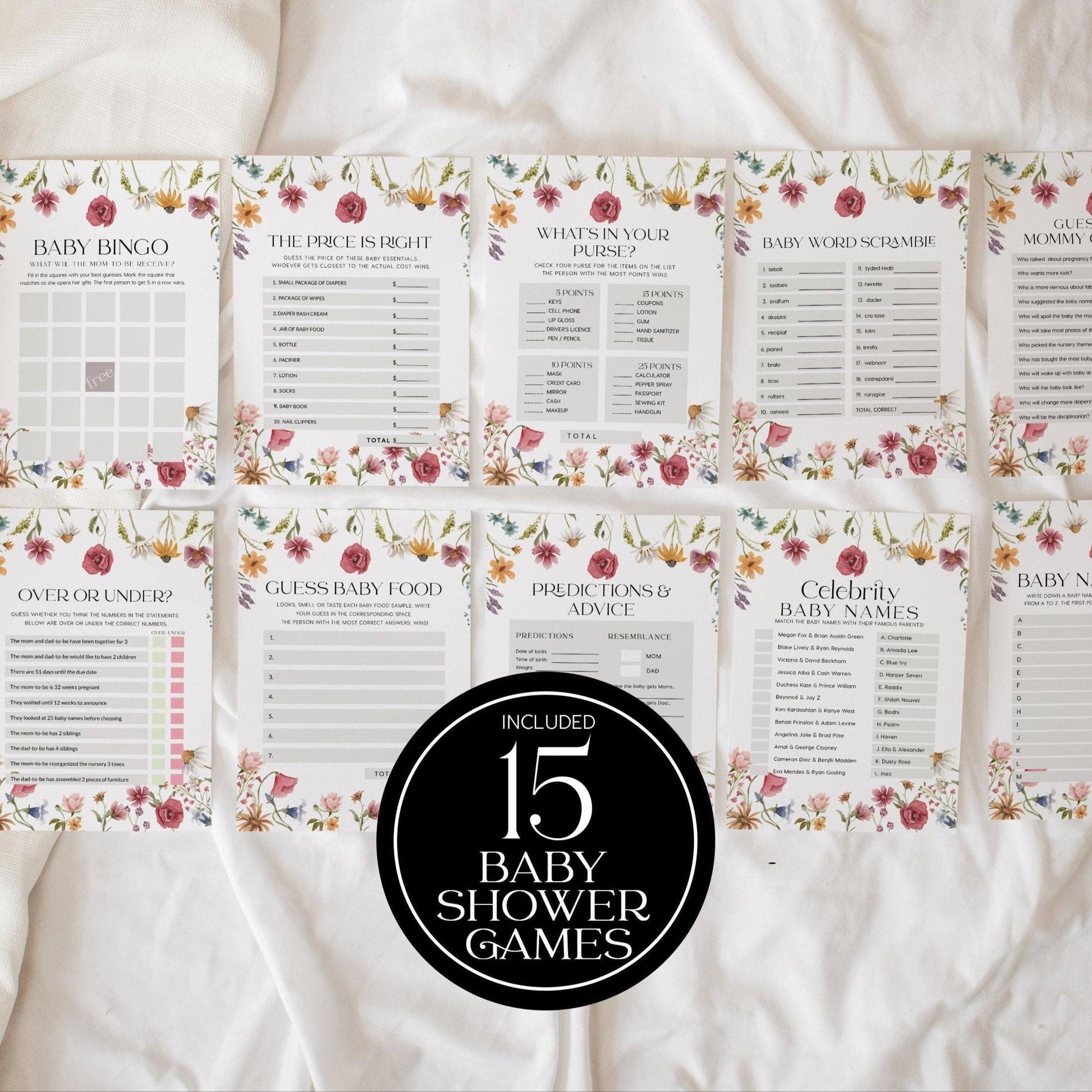 Floral Baby Shower Games Bundle - LovelyTemplatesCo