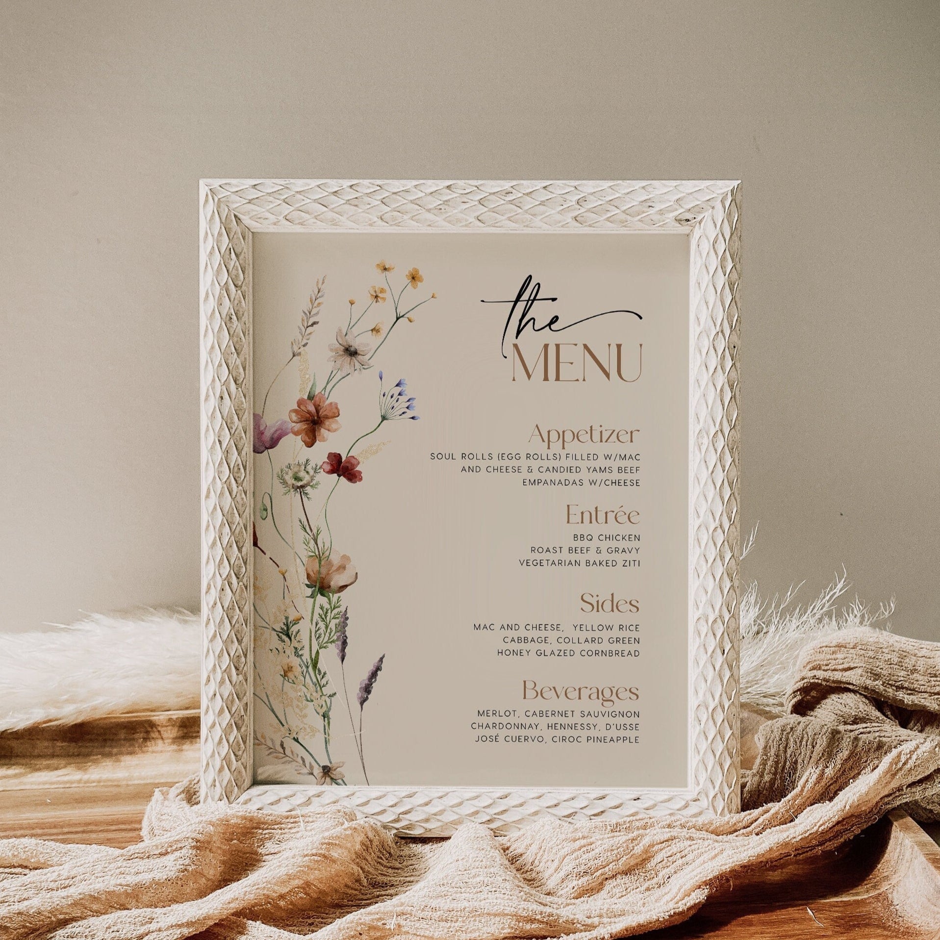 Floral Menu Sign, Beige menu sign template, Beige Floral Wedding Sign - LovelyTemplatesCo