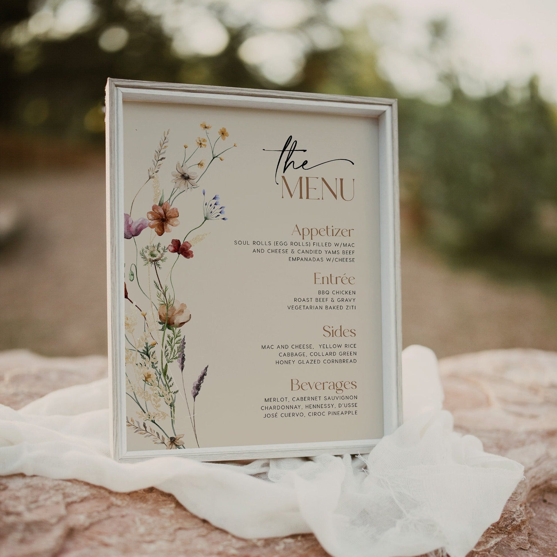 Floral Menu Sign, Beige menu sign template, Beige Floral Wedding Sign - LovelyTemplatesCo