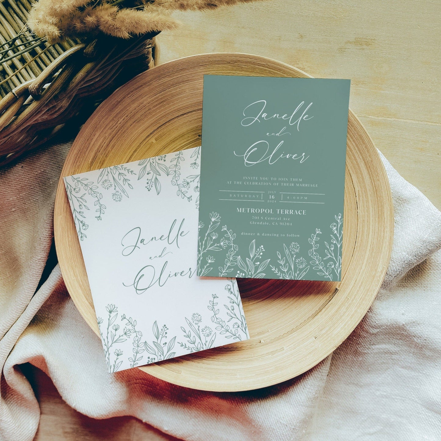Floral Sage Green Wedding Invitation, Boho sage wedding invitation set - LovelyTemplatesCo