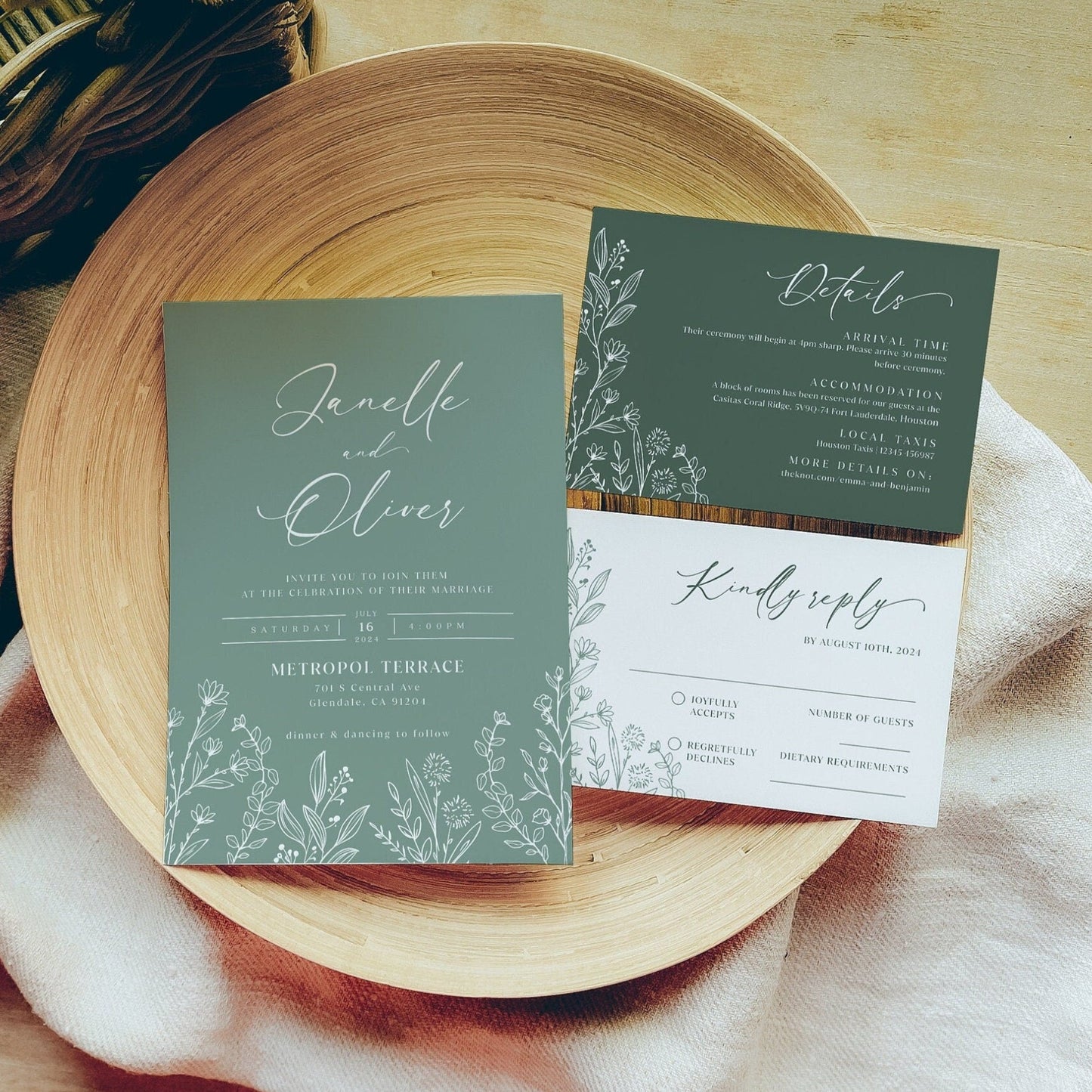 Floral Sage Green Wedding Invitation, Boho sage wedding invitation set - LovelyTemplatesCo