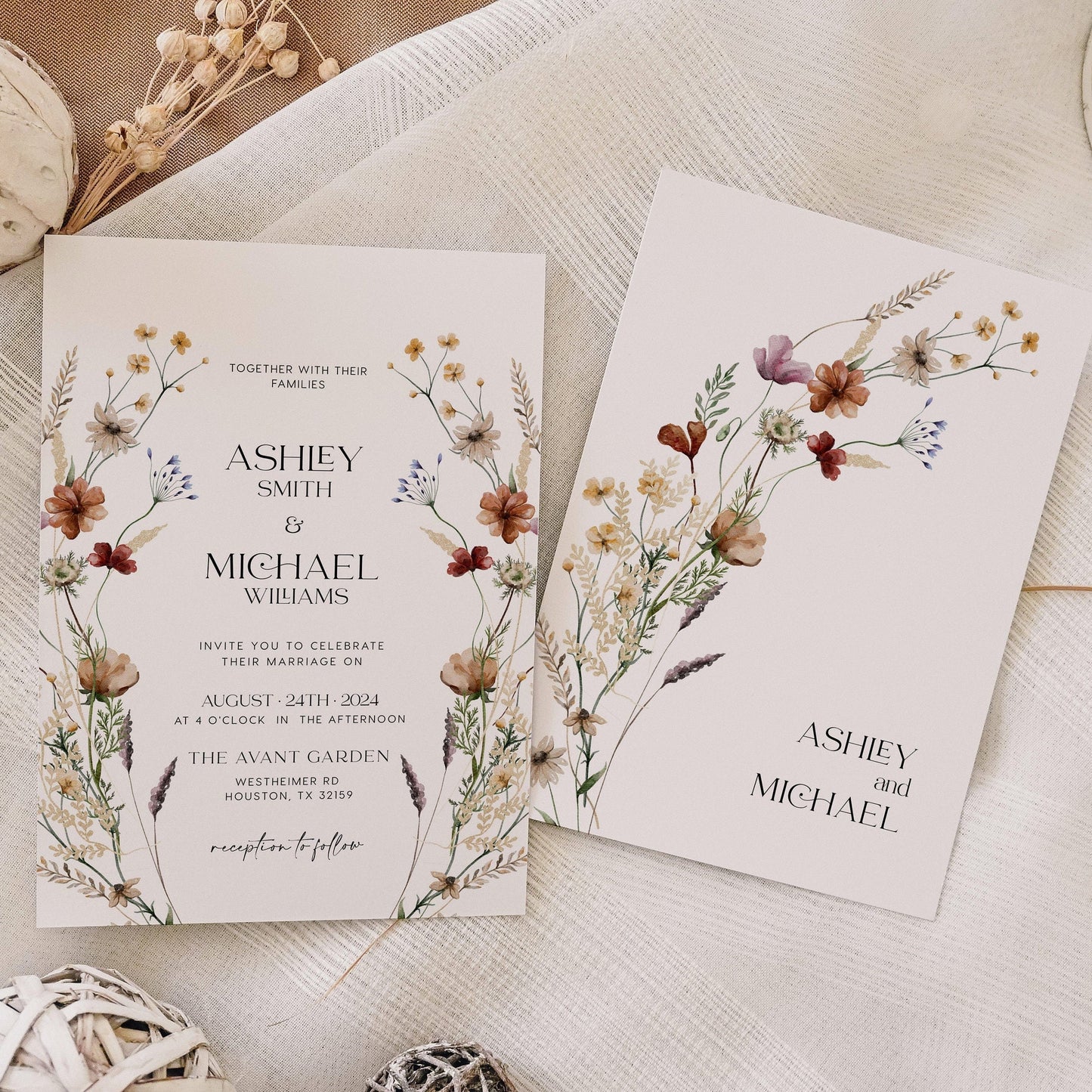 Floral Wedding invitation set with boho wildflowers - LovelyTemplatesCo