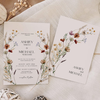 Floral Wedding invitation set with boho wildflowers - LovelyTemplatesCo