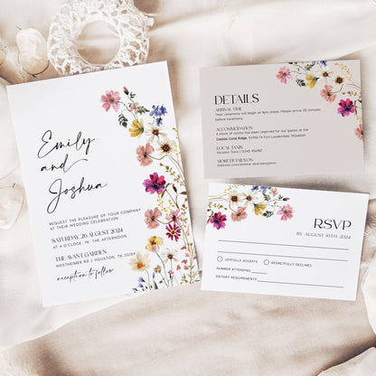 Floral Wedding Invitation, Wildflower Wedding invitation, Colorful Floral and Flower Wedding Invitation set templates - LovelyTemplatesCo