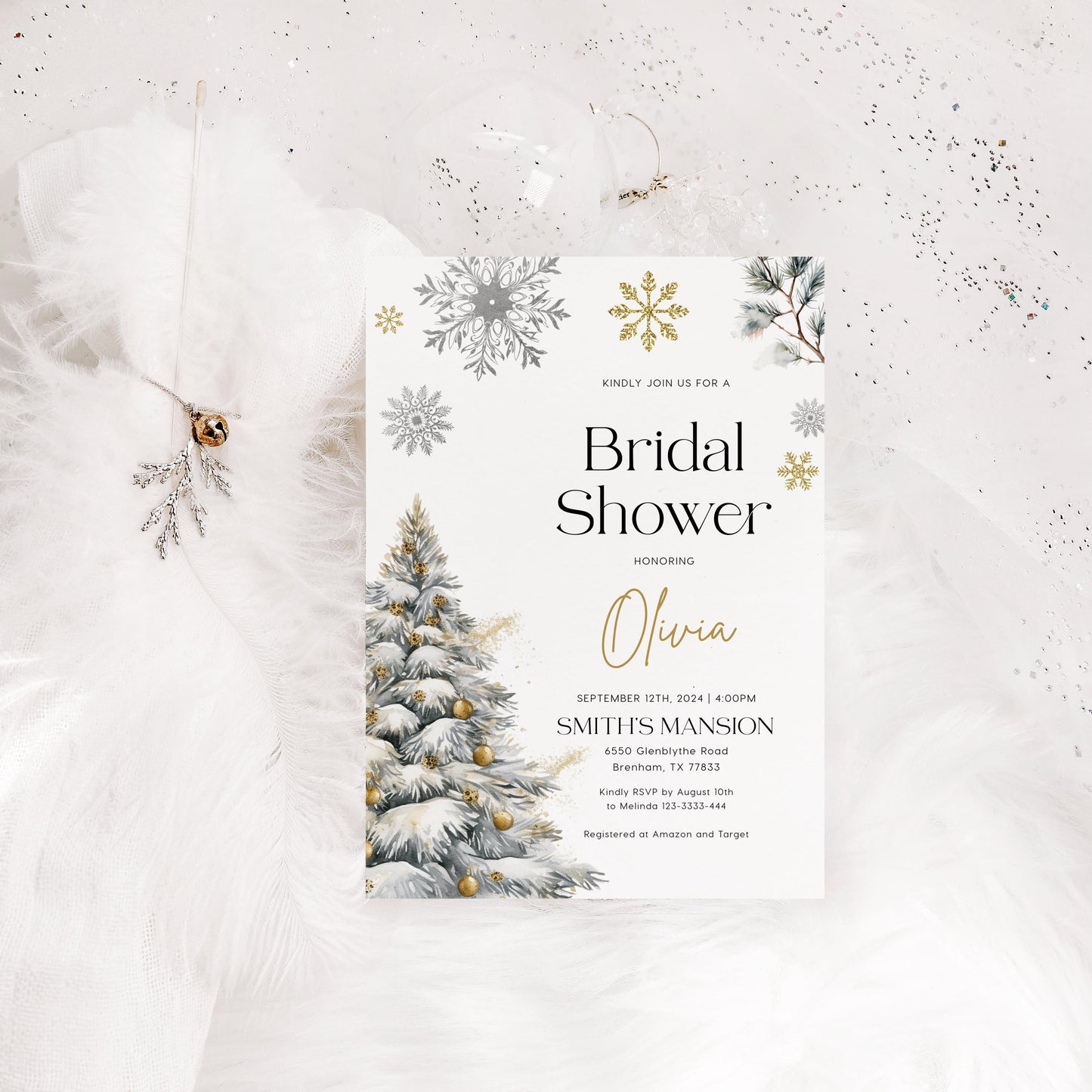 Gold and Silver Winter Bridal Shower Invitation - LovelyTemplatesCo