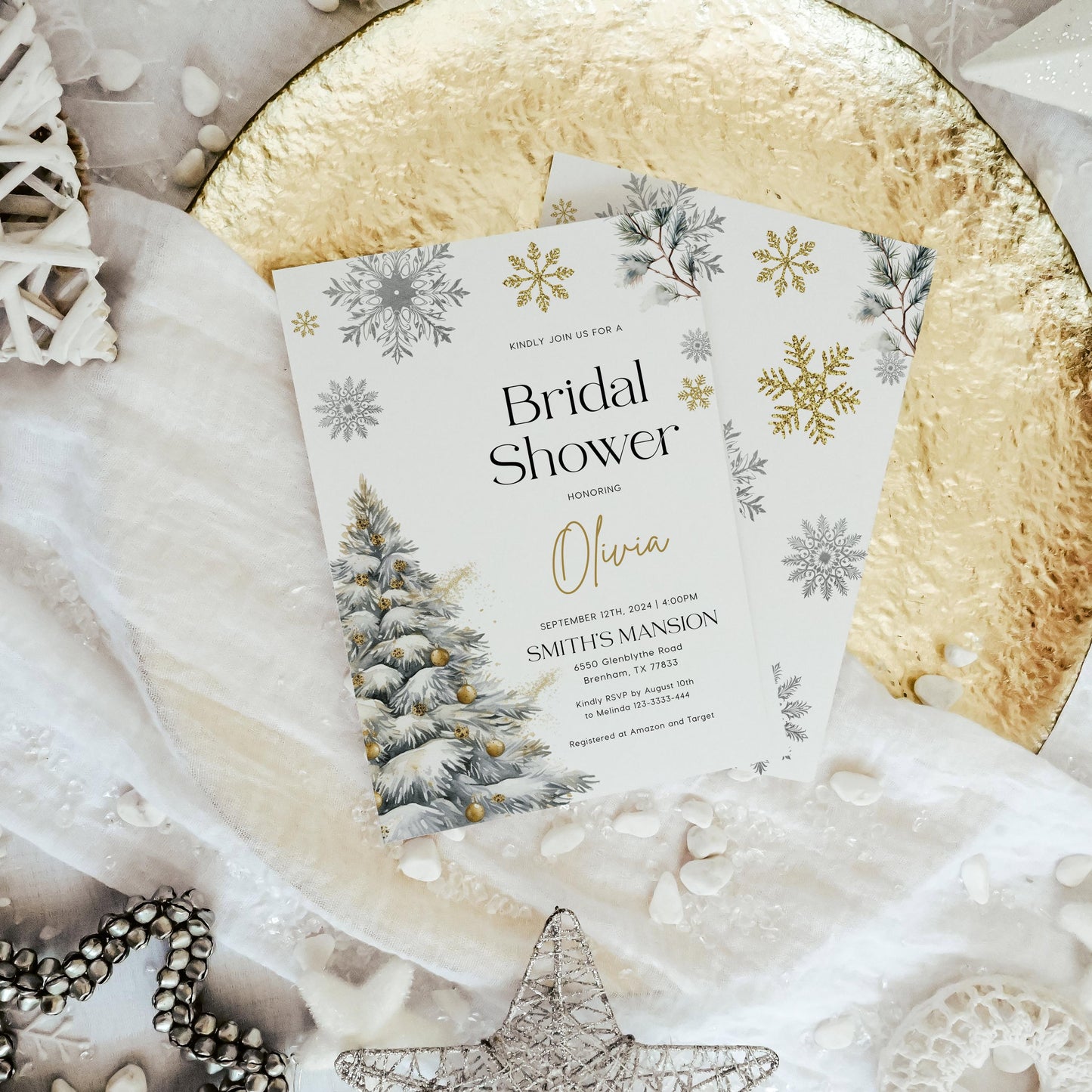 Gold and Silver Winter Bridal Shower Invitation - LovelyTemplatesCo