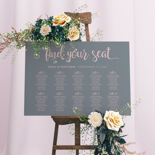 Gray Seating chart sign, Wedding Seating chart template - LovelyTemplatesCo