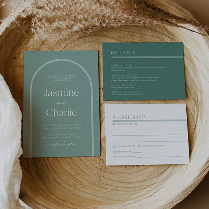 Green Arched Wedding Invitation, Sage green wedding invitation set - LovelyTemplatesCo