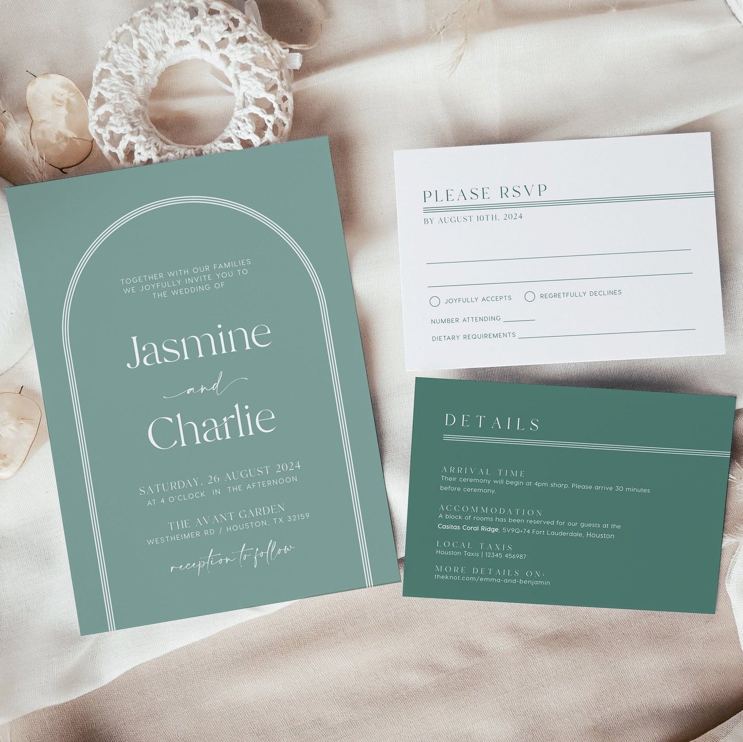 Green Arched Wedding Invitation, Sage green wedding invitation set - LovelyTemplatesCo
