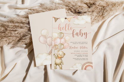 Hello Baby Bear Baby Shower Invitation, Neutral Baby Shower invitation - LovelyTemplatesCo