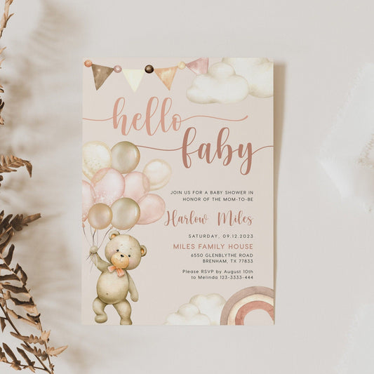 Hello Baby Bear Baby Shower Invitation, Neutral Baby Shower invitation - LovelyTemplatesCo