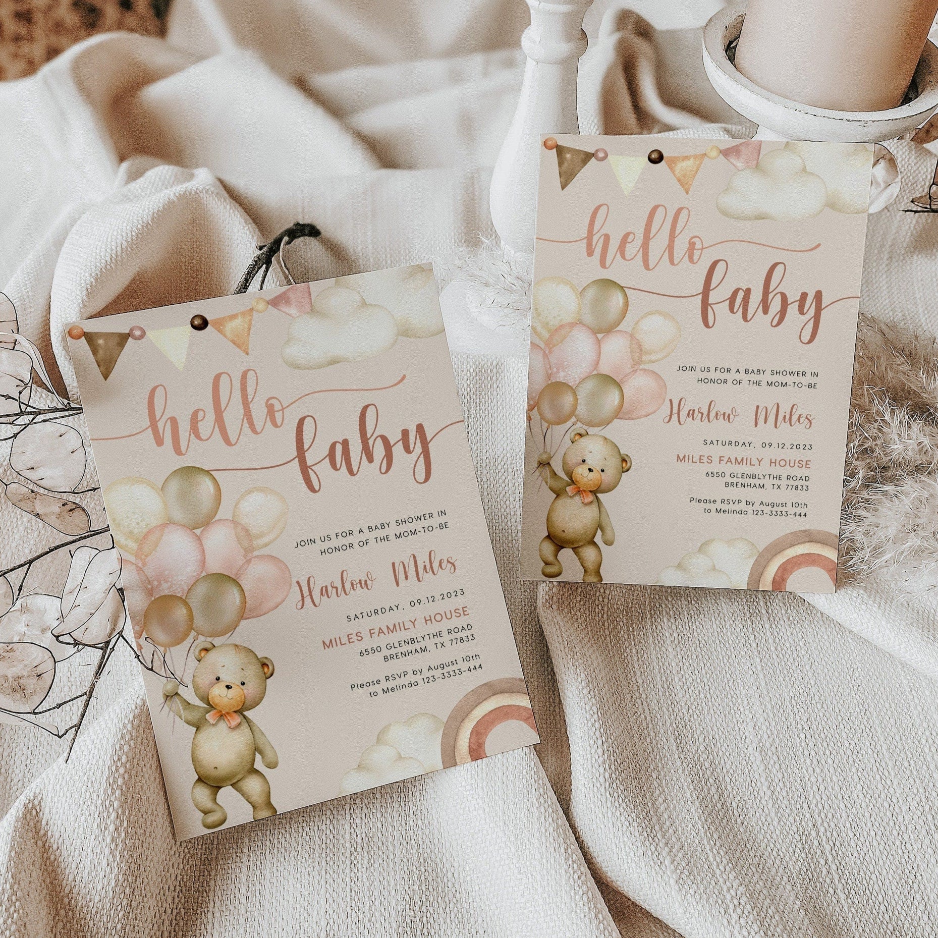 Hello Baby Bear Baby Shower Invitation, Neutral Baby Shower invitation - LovelyTemplatesCo