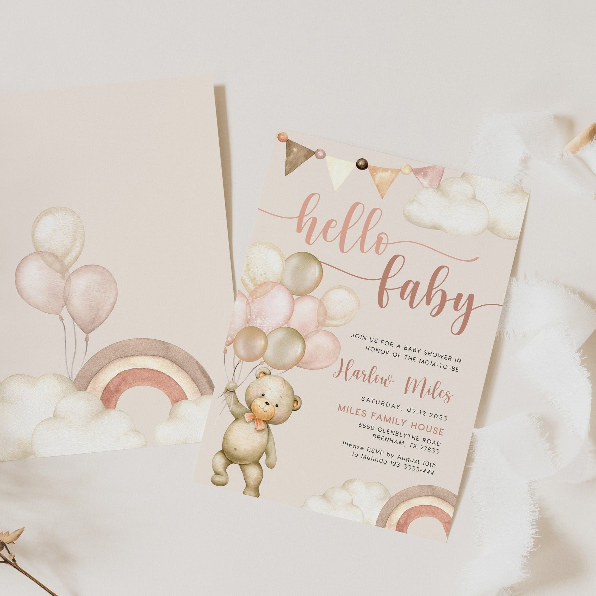 Hello Baby Bear Baby Shower Invitation, Neutral Baby Shower invitation - LovelyTemplatesCo