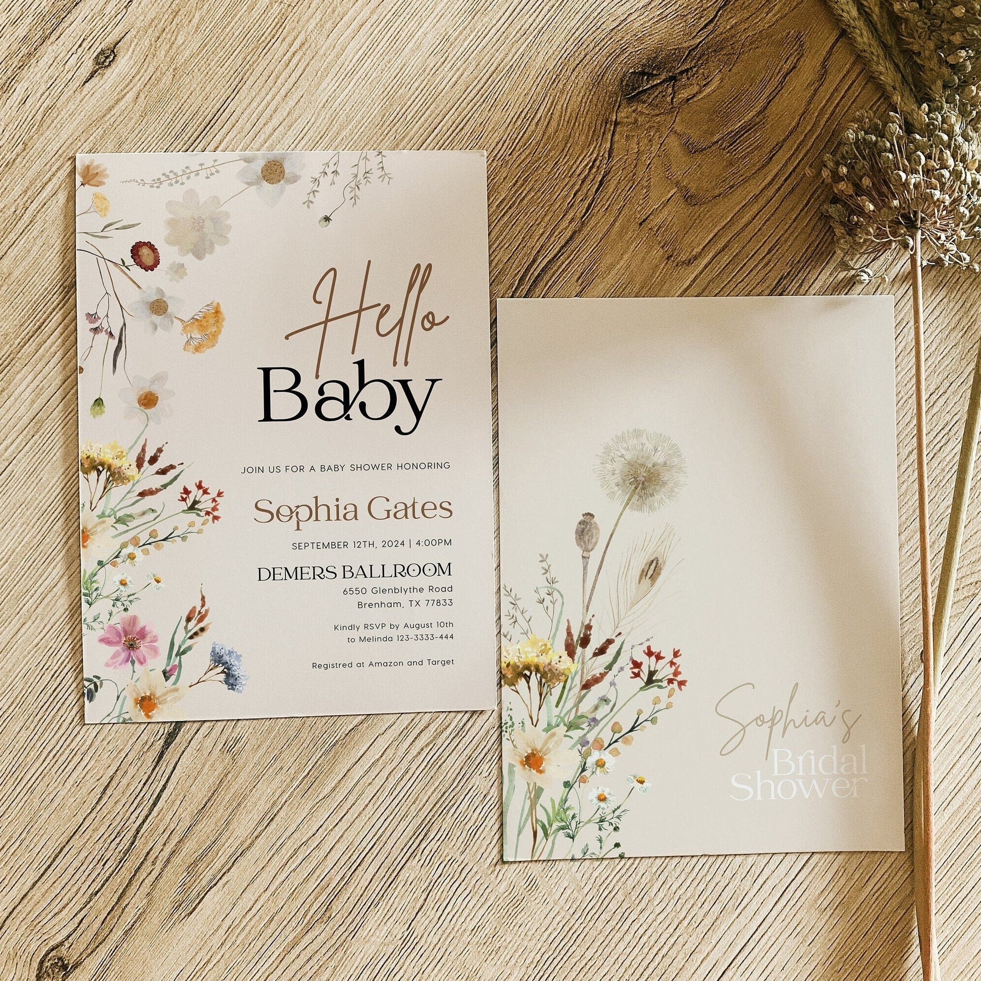 Hello Baby invitation, Gender neutral invitation, Wildflower baby shower invitation - LovelyTemplatesCo