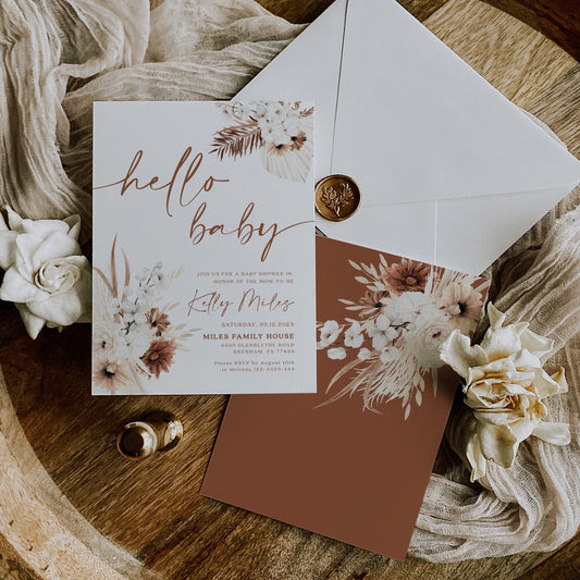 Hello baby invitation, Pampas baby shower invitation - LovelyTemplatesCo
