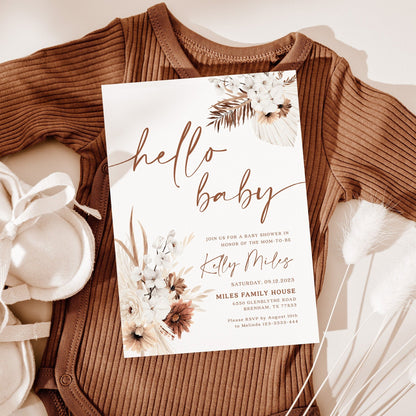 Hello baby invitation, Pampas baby shower invitation - LovelyTemplatesCo