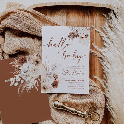 Hello baby invitation, Pampas baby shower invitation - LovelyTemplatesCo