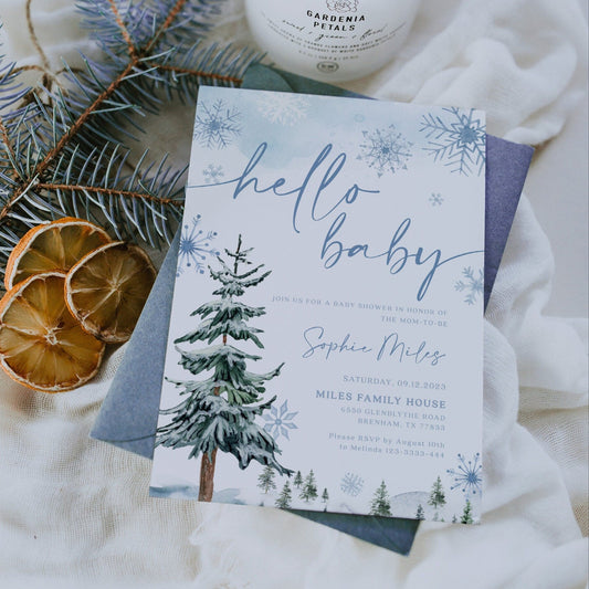 Hello Baby invitation, Winter wonderland baby shower, Winter Baby shower invitation template - LovelyTemplatesCo