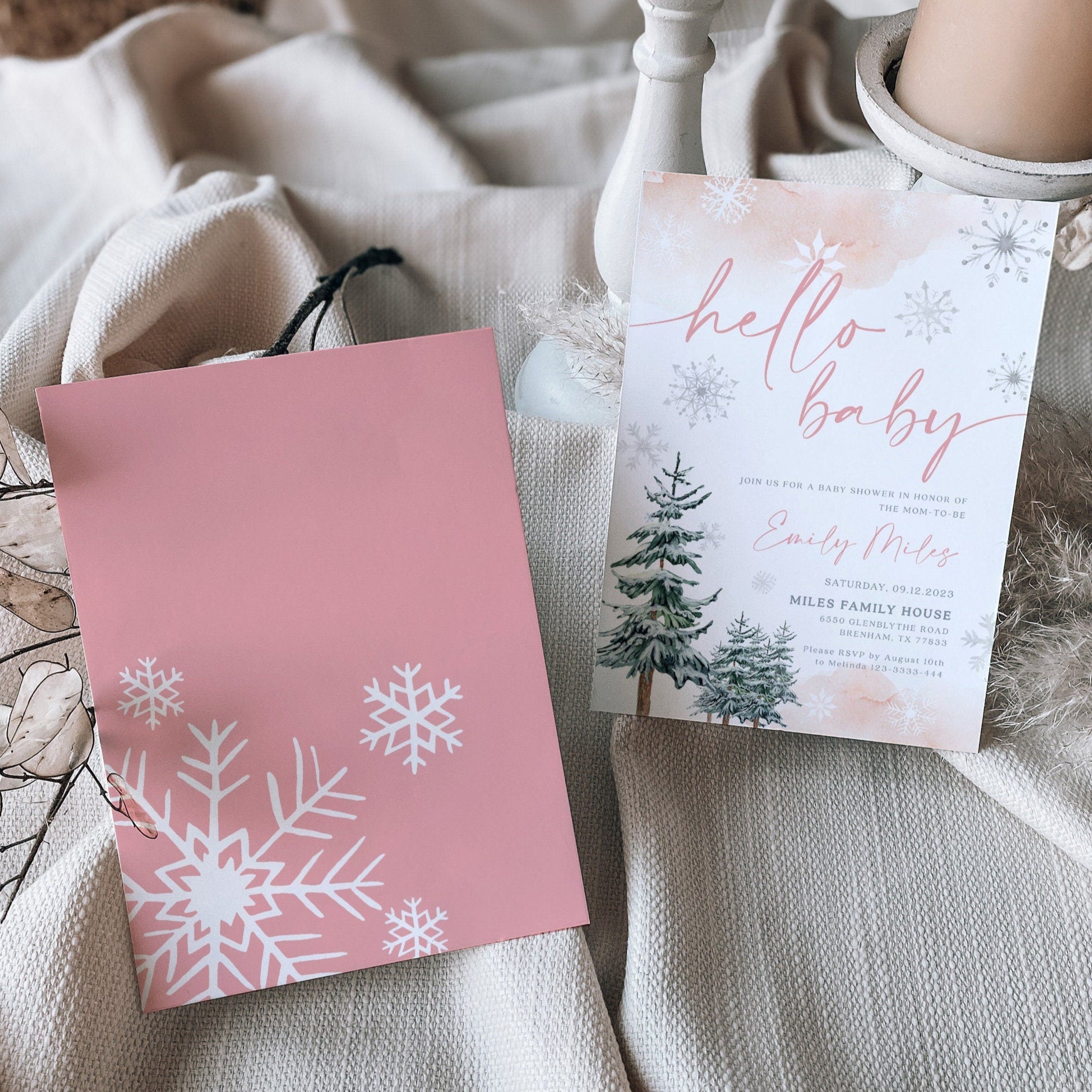 Hello Baby Winter Baby Shower Invitation, Winter girl baby shower invitation - LovelyTemplatesCo